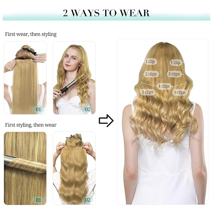 DOORES Clip in Hair Extensions - Dirty Blonde, 22 Inch, 7pcs 120g - Real Human Hair for Women, Thick Silky Straight Natural Extensions