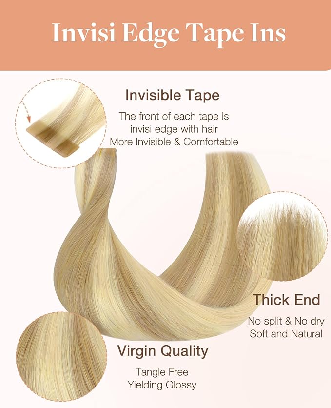 GOO GOO Invisi Edge Tape in Hair Extensions Human Hair, 16/22 Light Blonde Highlighted Golden Blonde 10pcs injected with 10pcs classical tape ins, 18inch 50g, Virgin Remy Hair, Natural Look