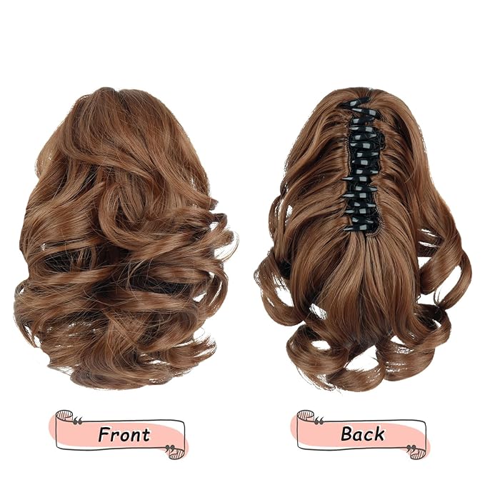 Ponytail Extension, Clip on Ponytails for Women, 9" Claw Clip in Short Curly Wavy Pony Hair Extension for Women - Light Golden Brown