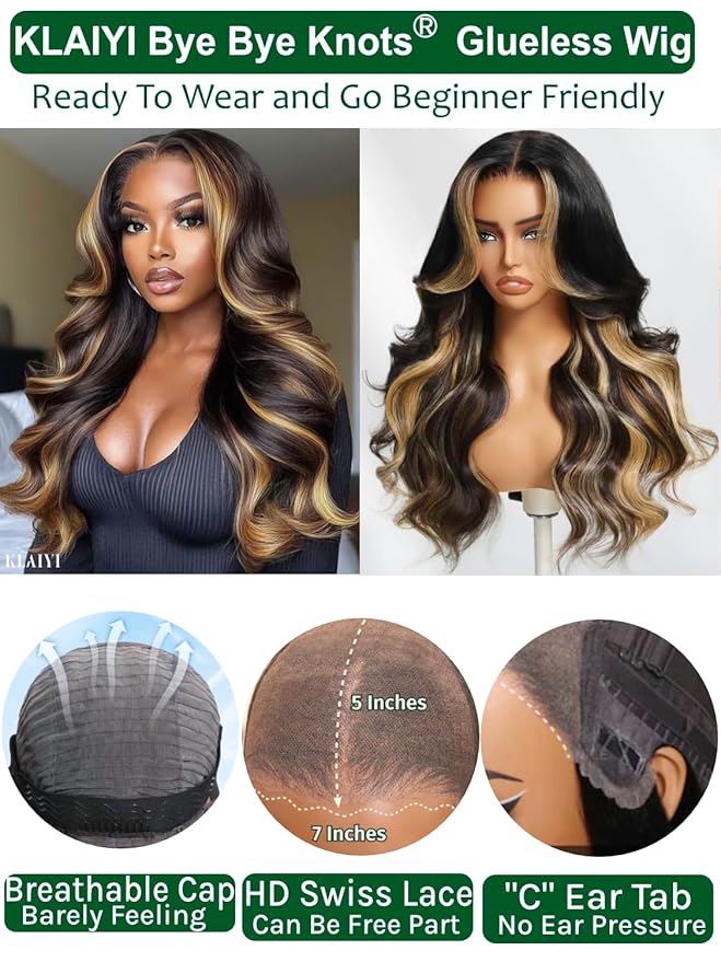 KLAIYI Ombre Highlight Blonde Loose Body Wave Bye Bye Knots Glueless Wigs Human Hair 7x5 Precut Lace Front Pre Plucked Bleached Ready to Wear Go Wig with Face Framing Curtain Bang Caramel Brown 26Inch