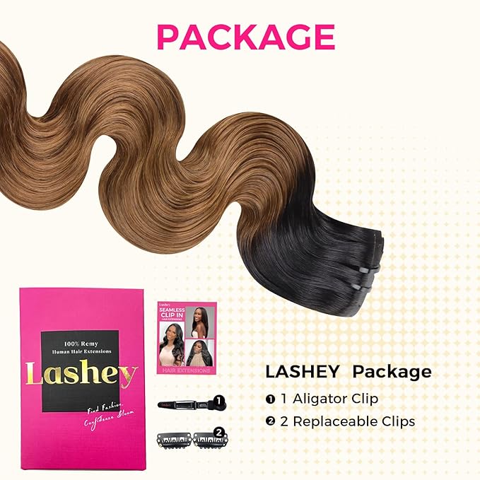 Lashey Seamless Clip in Hair Extensions Human Hair 130g 9pcs 14 Inch Body Wave Ombre Natural Black to Medium Auburn Clip in Hair Extensions for Women