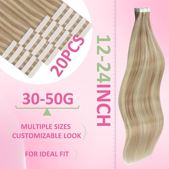 YoungSee Tape in Hair Extensions Human Hair Highlight Real Hair Tape in Extensions Highlight Light Blonde and Strawberry Blonde Tape-on Hair Extension Natural Straight Hair 22In 20pcs 50g