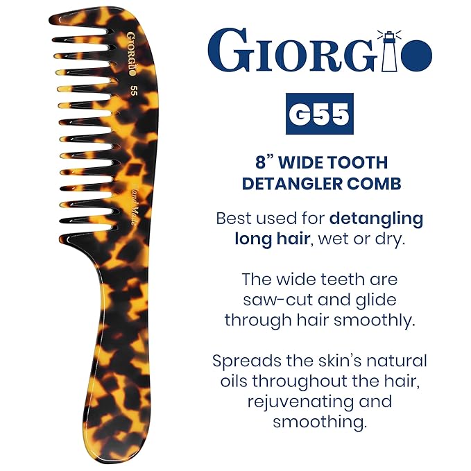 Giorgio G55 Wide Tooth Comb for Wet Hair Detangling Comb, Hair Comb for Thin to Medium Thickness Hair Detangler, Hair Combs for Women, Handmade Large Tooth Comb Rake Comb Saw-Cut and Hand Polished