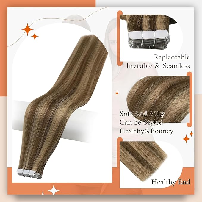 Full Shine Tape in Hair Extensions Human Hair 16 Inch Color 4 Brown Highlighted 27 Blonde Invisible Skin Weft Tape Extensions Adhesive Extension 50 Gram 20Pcs PU Tapes Natural Straight for Women