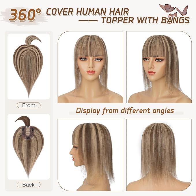 Rich Choices Hair Toppers for Women Real Human Hairs With Bang 100% Remy Human Topper for Thinning Hair Clip in Silk Base Topper 12 Inch #4P27 Medium Brown Mix Dark Blonde