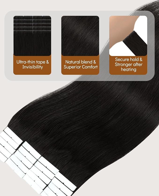 VINBAO Invisible Hair Extensions Tape in Invisi Edge, Off Black 45g 20pcs 16in Injected Tape in Extensions Human Hair Hand-Tied Pro Quality Seamless 16inch #1B