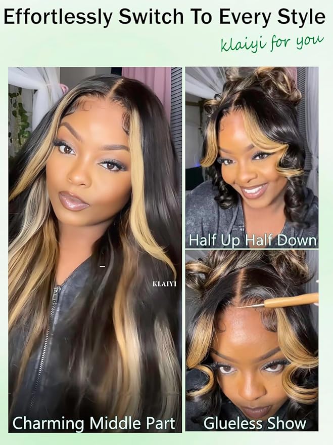 KLAIYI Ombre Highlight Blonde Loose Body Wave Bye Bye Knots Glueless Wigs Human Hair 7x5 Precut Lace Front Pre Plucked Bleached Ready to Wear Go Wig with Face Framing Curtain Bang Caramel Brown 24Inch