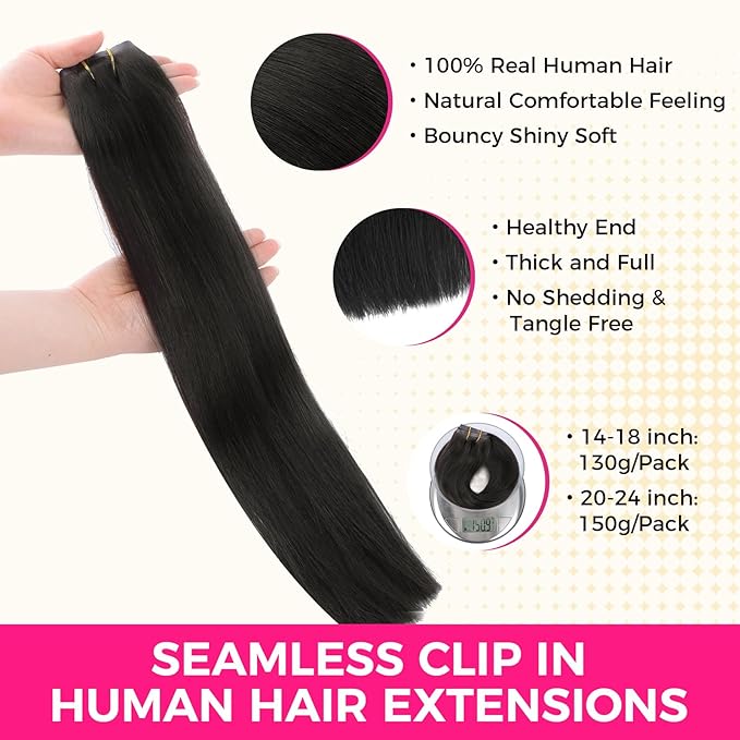 Lashey Clip in Hair Extensions Real Human Hair Seamless Hair Extensions, 9pcs 150g Straight Hair Natural Black #1B 20 Inch Clip in Hair Extension Remy Thick Human Hair with Soft PU Weft