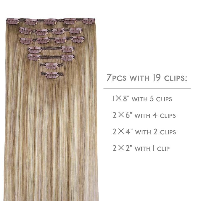 WENNALIFE Clip in Hair Extensions Real Human Hair, 12 Inch 80g 7pcs Remy Hair, Balayage Dirty Blonde with Platinum Ends Straight Natural Extensiones De Cabello Humano Con Clip Ins