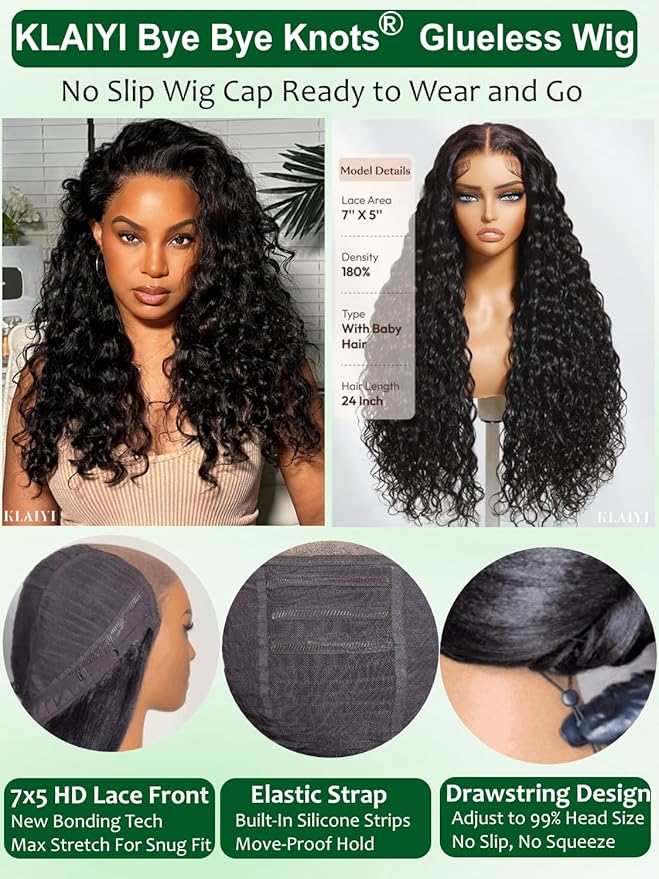 KLAIYI Bye Bye Slip™ Water Wave 7X5 Precut Lace Front Human Hair Wig Drawstring Glueless 3S Ready to Wear and Go Wig with Baby Hair Pre Plucked Bleached Bye Bye Knots Curly Wig 180%Density Full 22Inch