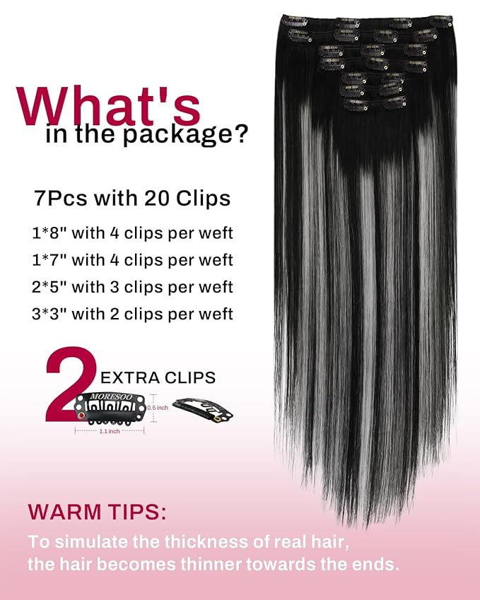 Moresoo Clip in Hair Extensions Remy Double Weft Human Hair Clip in Extensions Straight Balayage Hair Extensions for Women Ombre Black Mixed with Silver Grey 7pcs 135g 16inch