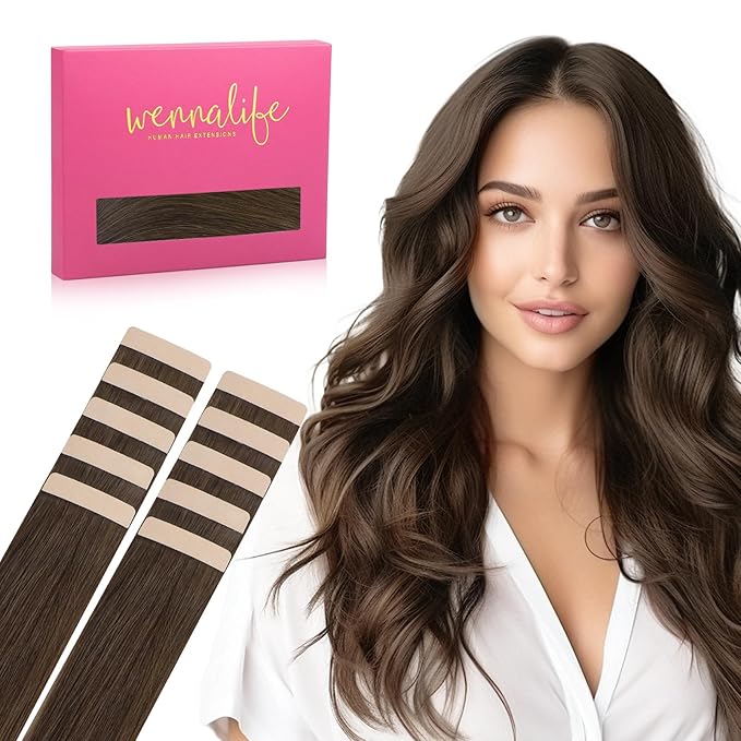 WENNALIFE Tape in Hair Extensions Human Hair Chocolate Brown Tape in Extensions, 10pcs 30g 22 inch Remy Invisible Tape Ins Straight Soft Real Human Hair Tape in Extensions Refill Set Extensions