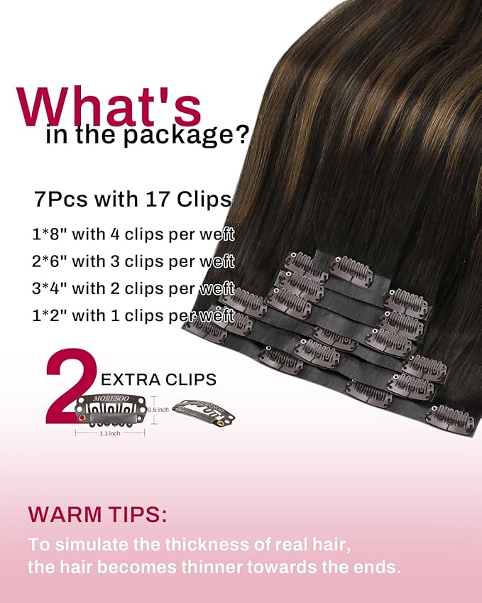 Moresoo Seamless Hair Extensions Clip in Human Hair Balayage Brown PU Seamless Human Hair Clip in Extensions Ombre Dark Brown with Chestnut Brown 7pcs 120g 20Inch