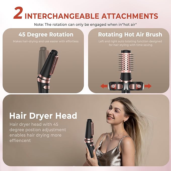 2 in 1 Rotating Hair Dryer Brush, Thermal Blow Brush Set Auto Rotating 360° Drying, Oval Volumizer Detachable Heated Hot Air Brush for Curling Volumizing & Drying Hair (Black)