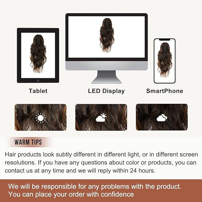 FLUFYMOOZ Ponytail Extension, 18 Inch Claw Clip Ponytail Extension, Wavy Curly Claw Clip in Ponytail Hair Extensions, Natural Fake Ponytail Synthetic Hairpiece for Women (Almond brown)