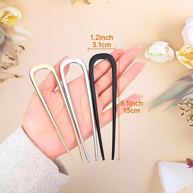 BEoffer French Hair Pin 3PCS Metal Hair Pins for Women Elegant French Twists, Buns and Updos with No Hair Damage, U-shaped French Pin Great Hold and Comfortable Keeps Hair in Place (Gold)