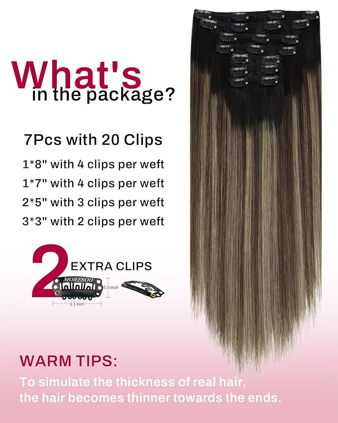 Moresoo Black And Blonde Clip in Hair Extensions Real Human Hair Ombre Human Hair Clip in Extensions 24 inch Balayage Natural Black to Dark Brown with Dark Golden Blonde 150g/7pcs 24in