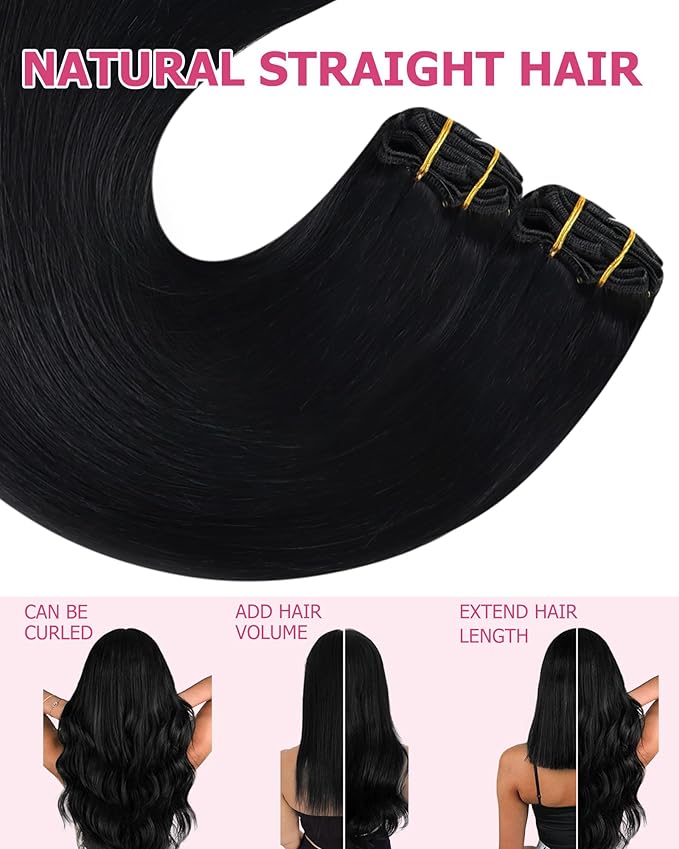 YoungSee Clip in Hair Extensions Real Human Hair Black Clip in Human Hair Extensions Jet Black Remy Hair Extension Clip ins for Women Set 7pcs 16inch 120g Add Volume