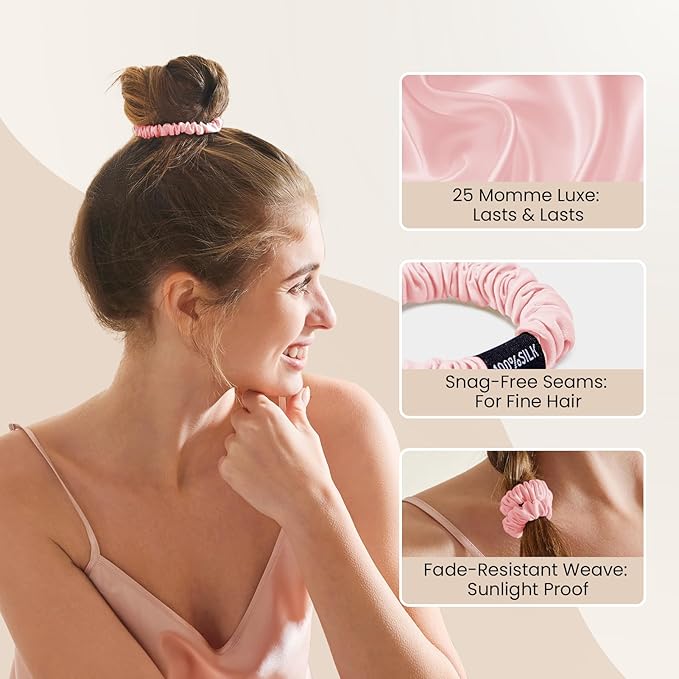 THXSILK 100% Mulberry Silk Scrunchies 3-Pack, 25 Momme Mulberry Silk Hair Ties for Women, Sleek Low Profile No Damage Ponytail Holders, for Fine Hair & Everyday Use, Pink