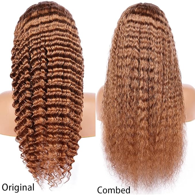 Brown Deep Curly Wave Human Hair Lace Front Wigs with Baby Hair for Black Women Pre Plucked 180% Density Brazilian Virgin Hair HD Transparent Lace Frontal Wig 18 Inch