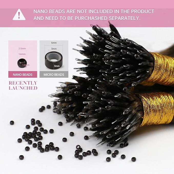YoungSee Nano Beads Hair Extensions Human Hair Brown Nano Hair Extensions Human Hair Balayage Dark Brown Mix Medium Browns Nano-Ring Hair Extension Ombre Nano-Loop Hair 24inch for Date Nights 50s/50g