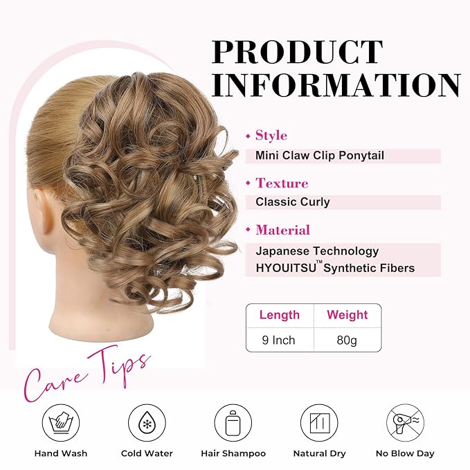 REECHO 9" Short Ponytail Extension, Classic Loose Curly Wavy Claw Clip Pony tails Hair Extensions HP001 Hairpieces for Women (Light Brown with Blonde Highlights)