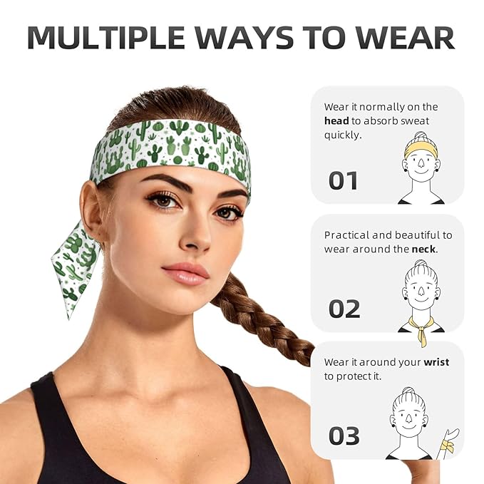 Men Women Beauty Skinny Sports Sweat Band Hand Decor for Running Travel Spa, Long Boho Style Floral Cactus Hair Band Headdress