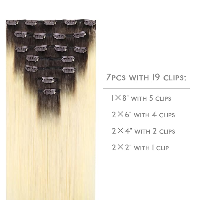 WENNALIFE Clip in Hair Extensions, 24 Inch 120g 7pcs Clip in Hair Extensions Real Human Hair, Ombre Light Dark Brown to Platinum Blonde Human Hair Remy Hair