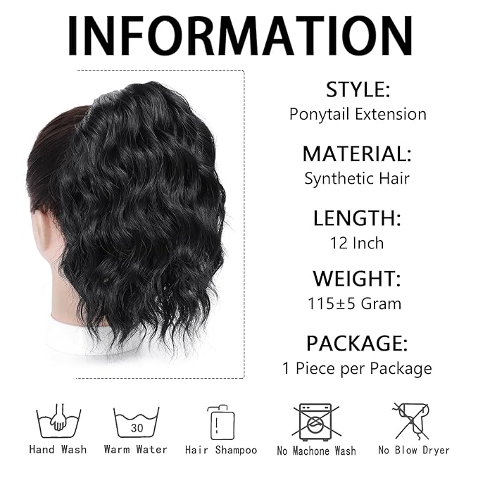 Ponytail Extension-12 Inch Drawstring Ponytail Hair Extensions for Women Synthetic Curly Wavy Fake Pony Tails Hair Pieces for Daily Party Use (Black)