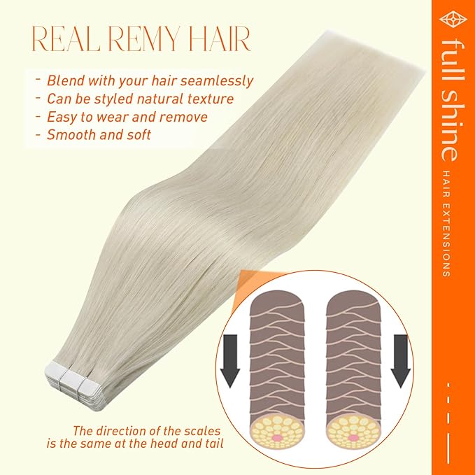Full Shine Tape in Hair Extensions Color 1000 White Blonde 20 Pcs 10 Inch 30 Gram Seamless Tape in Extensions Straight Remy Skin Weft Tape Extensions for Wedding Natural Brazilian