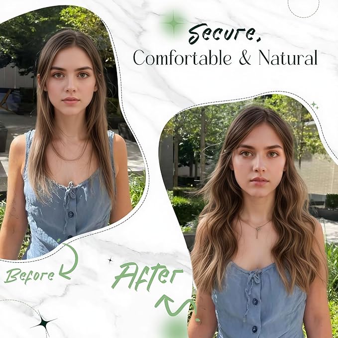 RUNATURE Wire Hair Extensions Real Human Hair 20 Inch 100g Thick Human Hair Extensions Balayage, Transparent Fish Line Extensions, Straight Smooth Natural Hair, Add Hair Volume #2/2/6