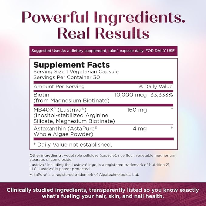Purity Products MyBiotin ProClinical – Thicker Hair Starting in 3 Weeks & Fights Wrinkles - MB40X Patented Biotin Vitamin B7 Matrix w/Astaxanthin - 40X More Soluble vs Ordinary Biotin, 90 Veg Capsules