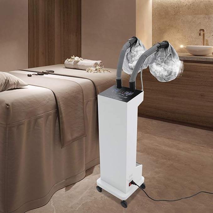 Hair Steamer, 650W Vertical Hair Care Machine with LED Display & 2 Vaporizing Caps Micro Mist Hair Color Processor, 5 Modes, Adjustable Temperature & Timer, Mobile on Wheels (White)