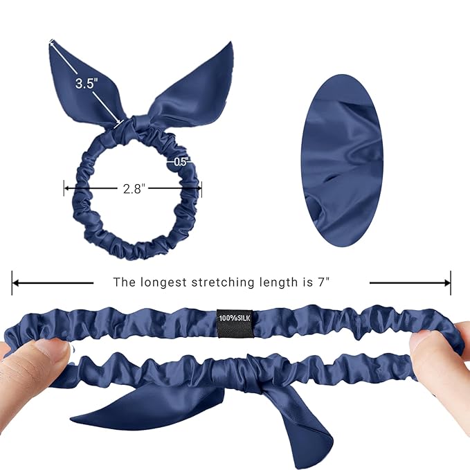 THXSILK Hair Silk Scrunchies with Bow for Women Pure Mulberry Silk Hair Cute Ring Ties Scrunchies for Girls Women's Thick Hair, Navy Blue, 2.8"