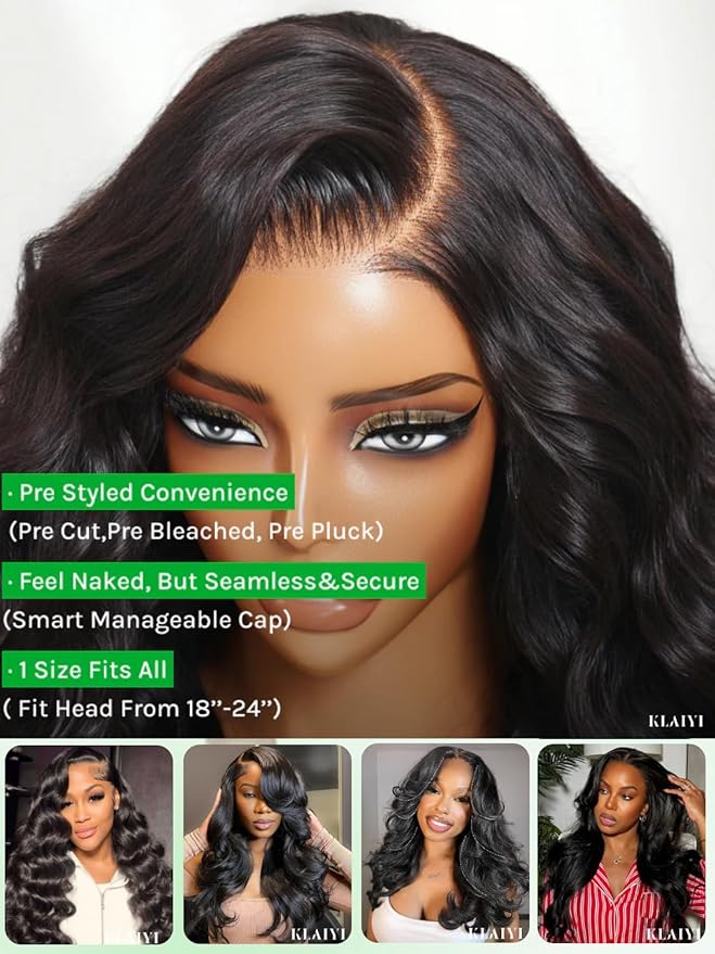 KLAIYI Loose Body Wave Pre Everything Glueless 13x4Lace Front Wig Human Hair Drawstring Precut Lace Pre Plucked Bleached Bye Bye Knots 3S Ready to Wear and Go Wig with Face Framing Curtain Bang 26Inch