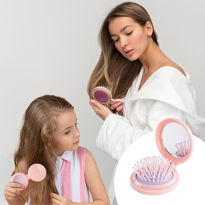 RHOS Folding Brush with Mirror for Women, Girls - Compact Pocket Portable Hair Brush with Soft Nylon Bristles for Purse and Travel (Pink)