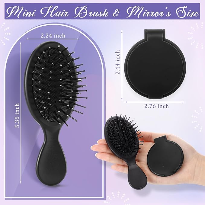 Meanplan 24 Pcs Mini Hair Brush Set 12 Travel Wet Dry Hair Combs Pocket Detangling 12 Compact Folding Makeup Mirrors for Spa Sleepover Birthday Bridal Shower Bachelorette Christmas Party Gift (Black)