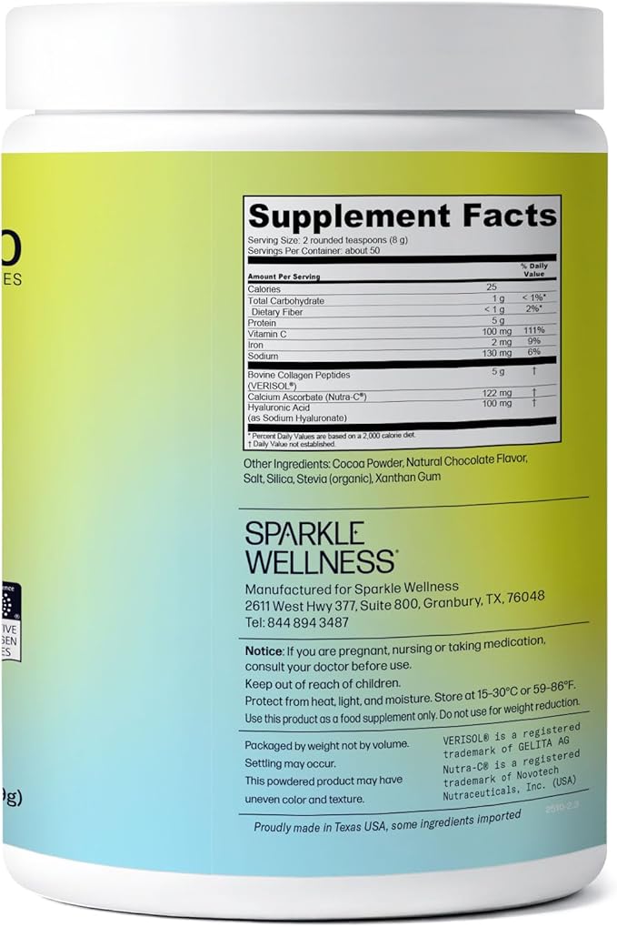 Sparkle Wellness VERISOL Bioactive Hydrolyzed Collagen Peptides | Collagen Powder Supplement with Vitamin C & Hyaluronic Acid for Hair, Skin, and Nail Health | Skin Boost Plus (Chocolate) [50-Serves]