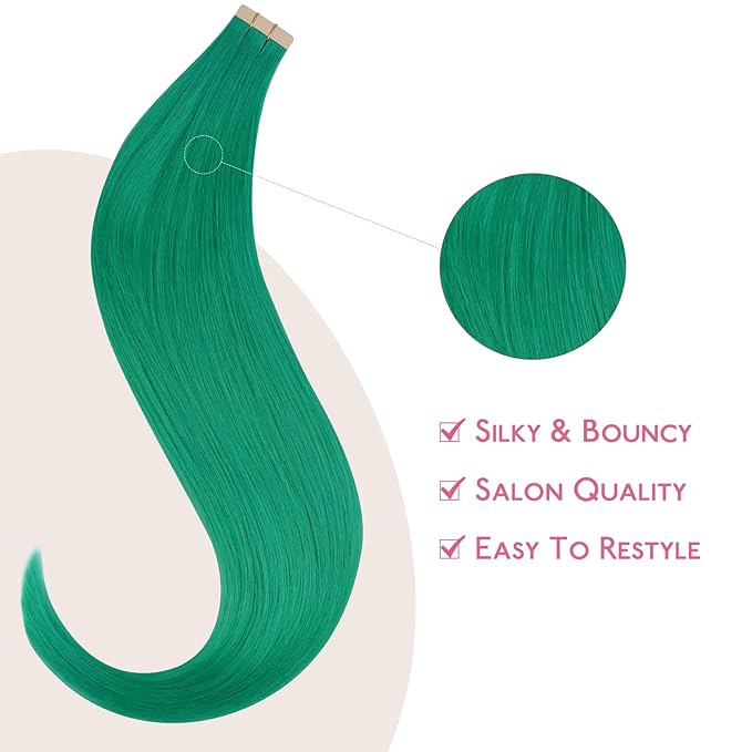 WENNALIFE Green Tape in Hair Extensions, 10pcs 20g 12 inch Remy Invisible Tape Ins Straight Colored Soft Real Human Hair Tape in Extensions Refill Set Extensions
