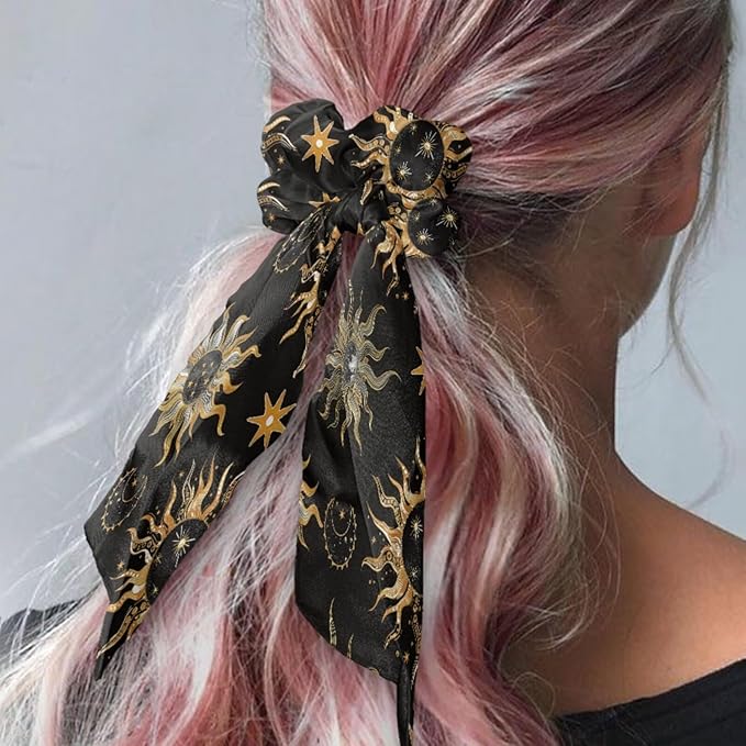 Colorful Star Sun Satin Hair Ties for Thick Curly Hair Black Elastic Hair Ties Knotted Ribbon Lightweight Scarf Scrunchies with Knot Pack of 2