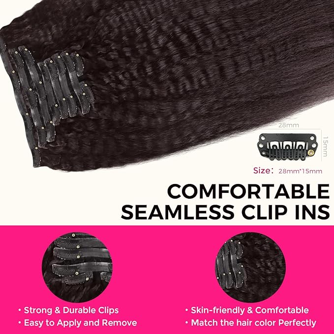 Lashey Seamless Clip in Hair Extensions Human Hair 130g 18 Inch 9pcs #2 Dark Brown Kinky Straight Full Pack Clip in Hair Extensions for Women