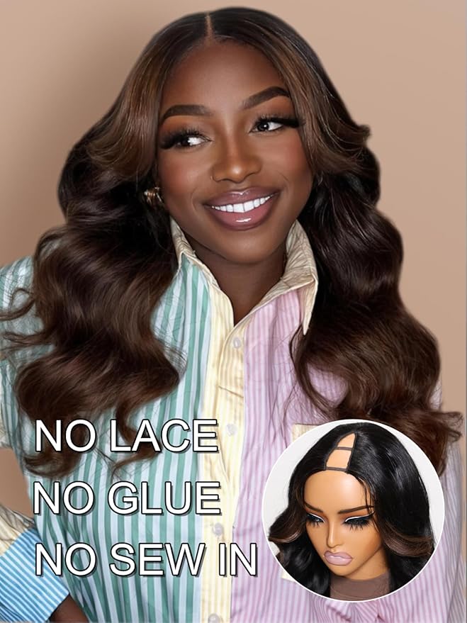 YIROO V Part Wig Human Hair Highlight Chestnut Brown Ombre Body Wave Human Hair Wig No Leave Out 12A Glueless Upgrade U Part Wigs Clip in Half Wig No Glue No Sew Beginner Friendly 150% Density 16inch