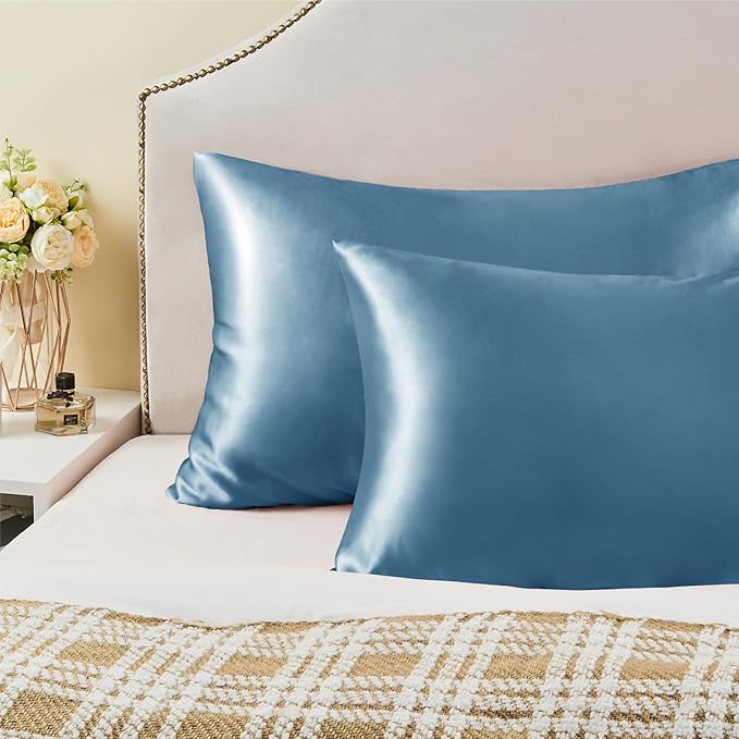 BEDELITE Satin Pillowcase with Zipper, Airy Blue Pillow Cases Queen Size Set of 2, Super Soft and Cooling Similar to Silk Pillow Cases, Gift for Women Men(20x30 Inches)