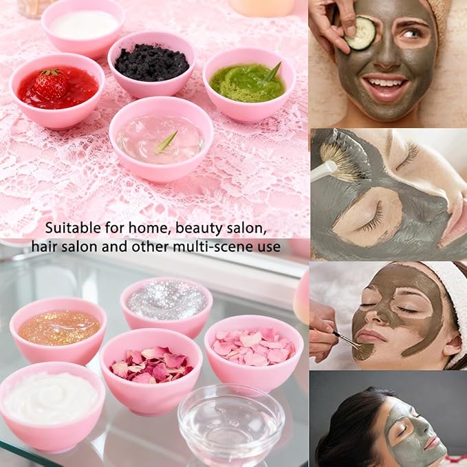 5-Piece Silicone Mixing Bowl Set, 3.3-Inch Microwaveable Silicone Bowls for Facial Masks, Mud Masks, and Other Skin Care Products Facial Bowls for Estheticians. (Pink)