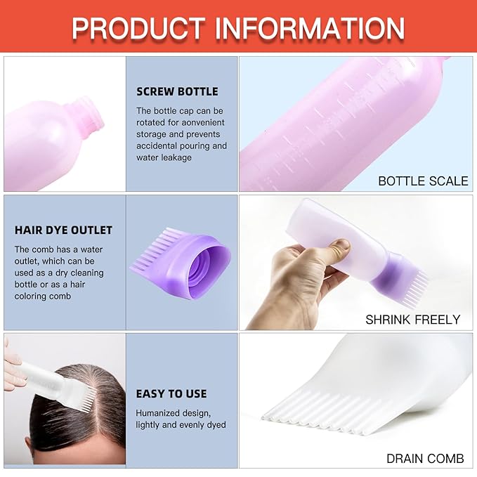 Root Comb Applicator Bottle, 6 Ounce, Oil Applicator for Hair Dye, 2 Pack+20 PCS Disposable Shower Caps, White