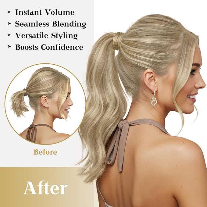 Ve Sunny Hair Extensions Ponytail Real Human Hair Wrap Around Clip in Ponytail Hair Extensions Straight Extensions Human Hair for Women Dark Golden Blonde Highlights 20inch 80G