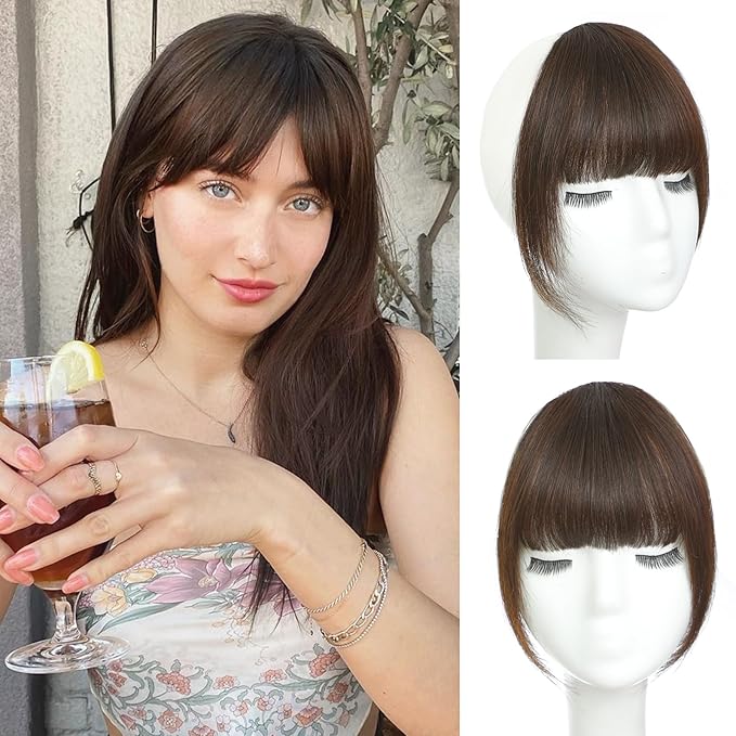 Clip in Bangs Real Human Hair Dark Brown French Bangs Fringe with Temples Thick Curtain Bangs Clip on Bangs Curved Fake Bangs Hairpieces for Women for Daily Wear
