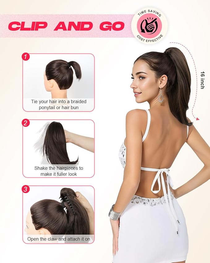 Ponytail Extension – 16” Claw Clip in Ponytail Hair Extensions Natural Soft Synthetic High Pony Tail Hairpieces for Women (Light Blonde, 16inch)