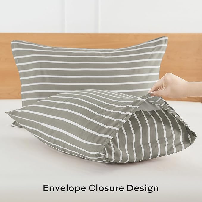 JELLYMONI 100% Natural Cotton StripedKing Pillowcases Set, 2 Pack Gray and White Stripes Pattern Printed Pillow Covers with Envelope Closure(Pillows are not Included)