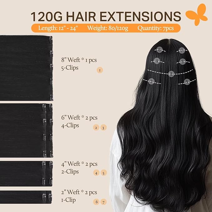 DOORES Hair Extensions Clip in Jet Black 22 Inch 7pcs 120g Remy Clip in Human Hair Extensions Natural Hair Straight Weft Real Hair